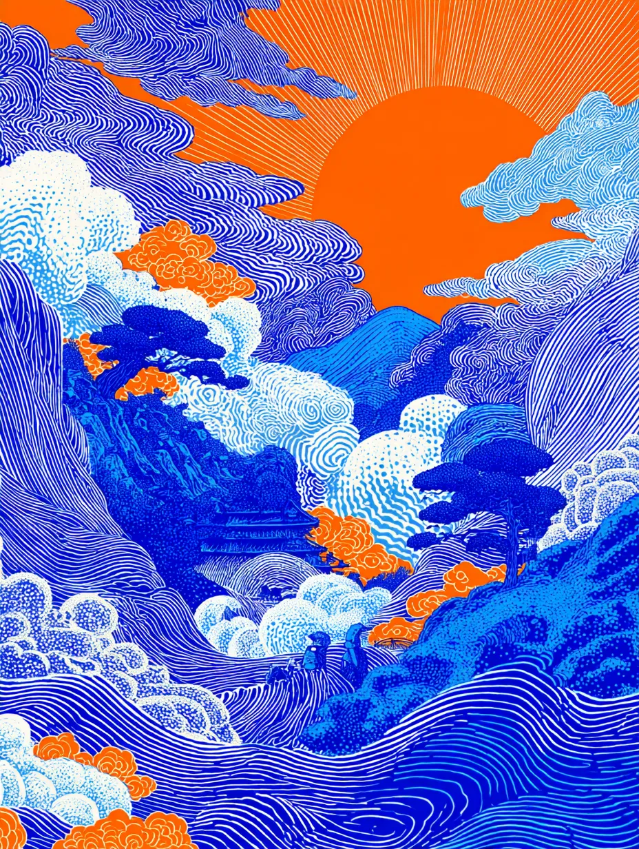 Woodblock sunrise over the waves